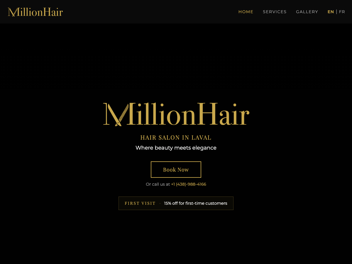 MillionHair Salon: gold serif wordmark on black