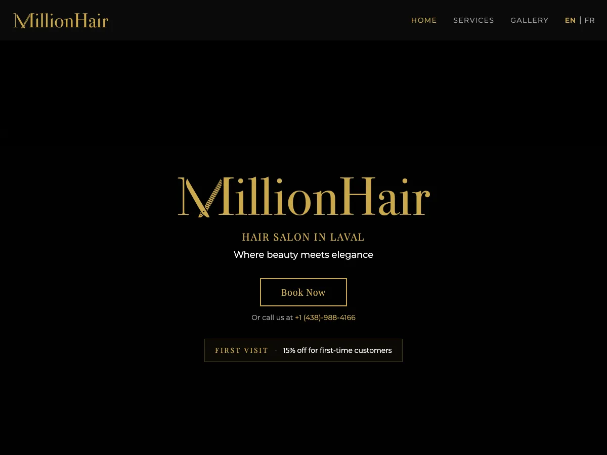 MillionHair Salon: gold serif wordmark on black