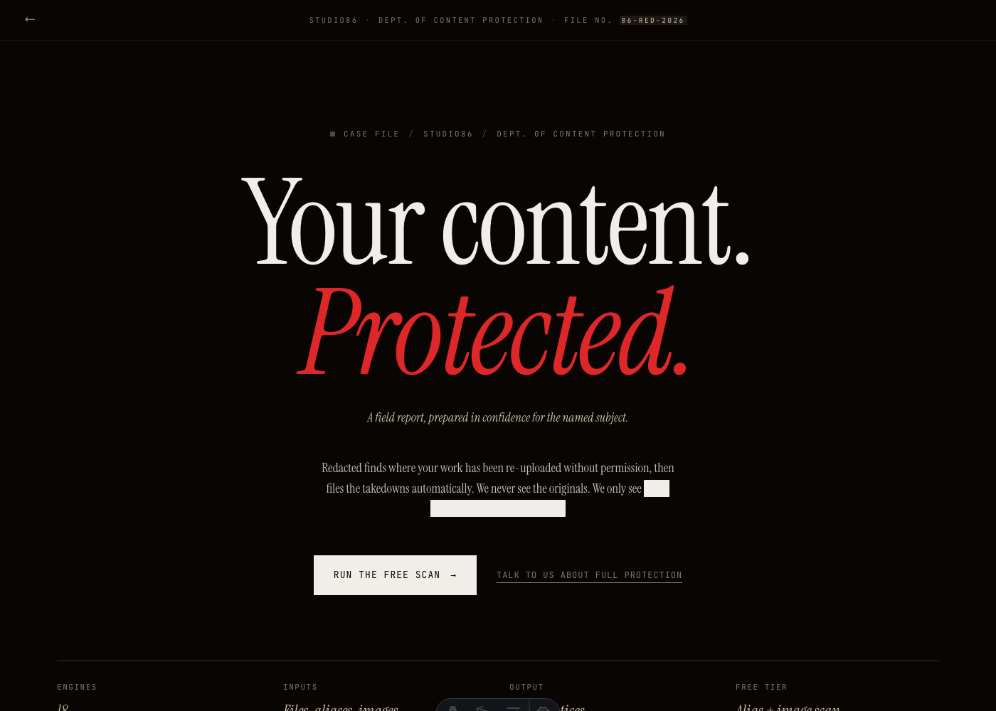 Redacted case-file hero in crimson and serif on near-black