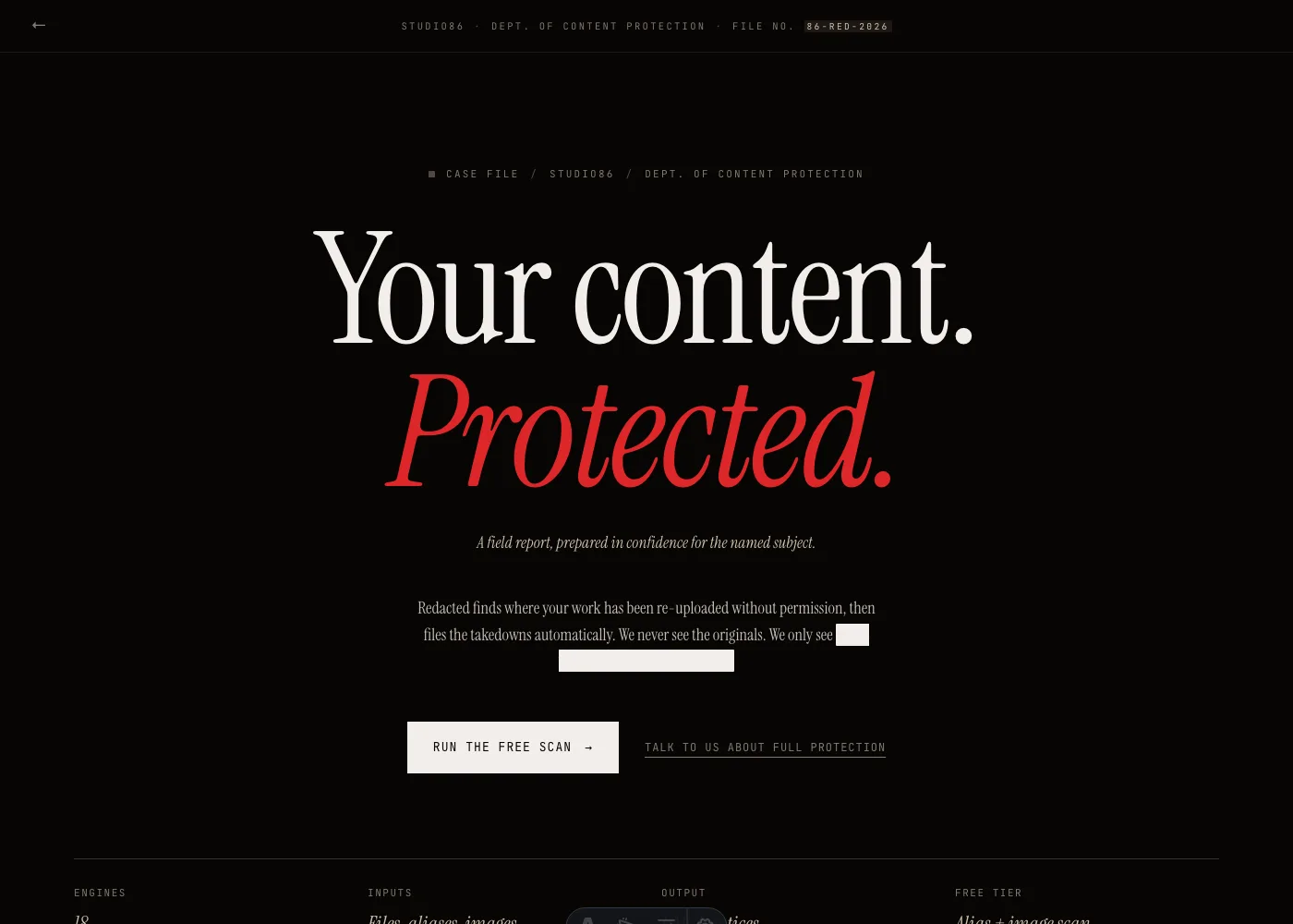 Redacted case-file hero in crimson and serif on near-black