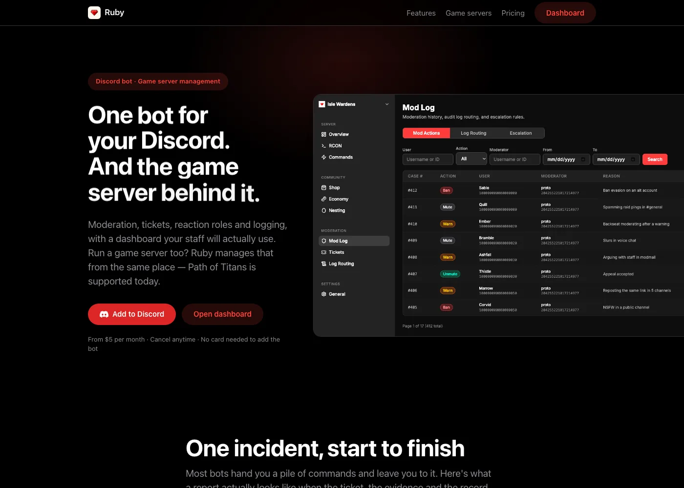 Ruby site hero: 'One bot for your Discord. And the game server behind it.' headline in white on near-black, beside the web dashboard showing a moderation log of numbered cases with ban, mute and warn chips
