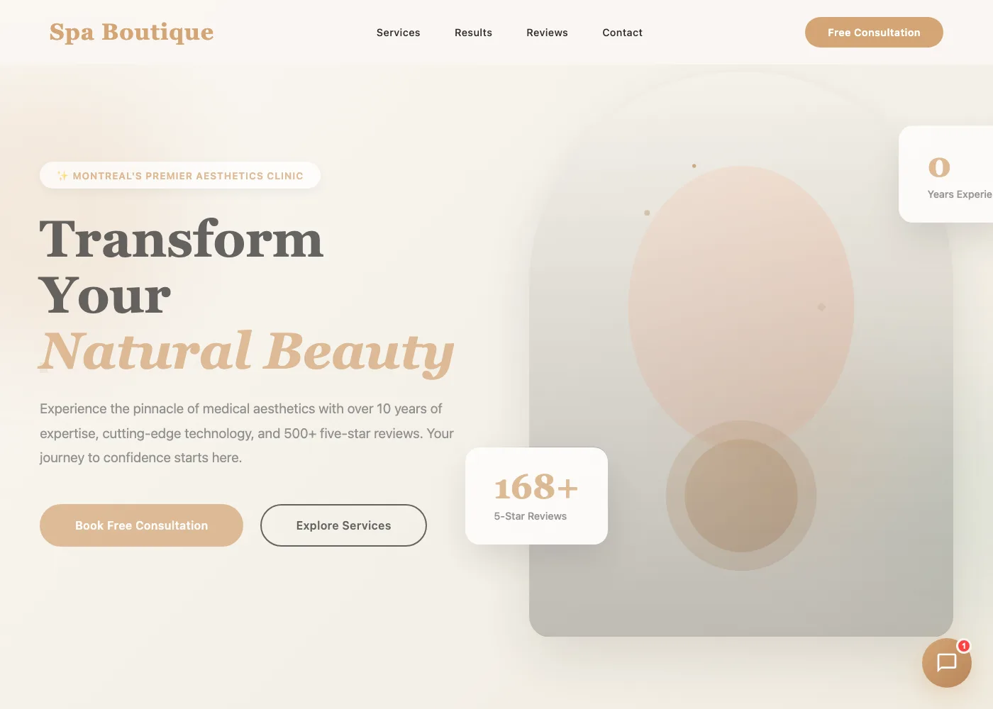 Spa Boutique demo hero in cream and peach palette