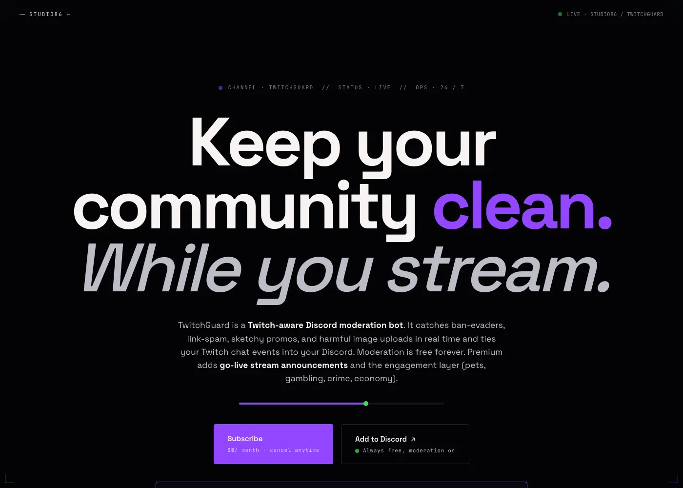TwitchGuard product page hero on dark editorial layout