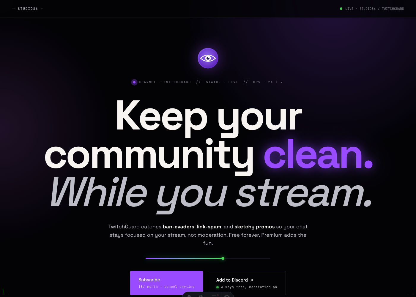 TwitchGuard product page hero on dark editorial layout