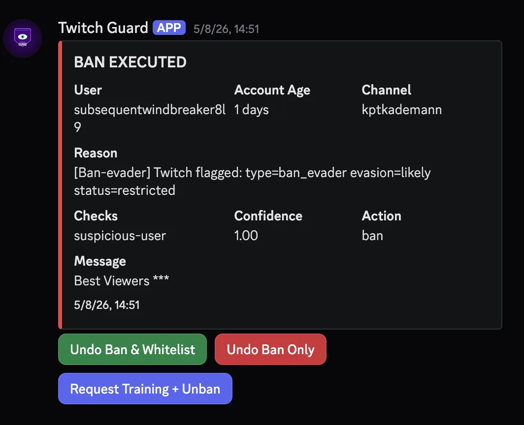Discord embed: TwitchGuard auto-banned a ban-evader with three action buttons.
