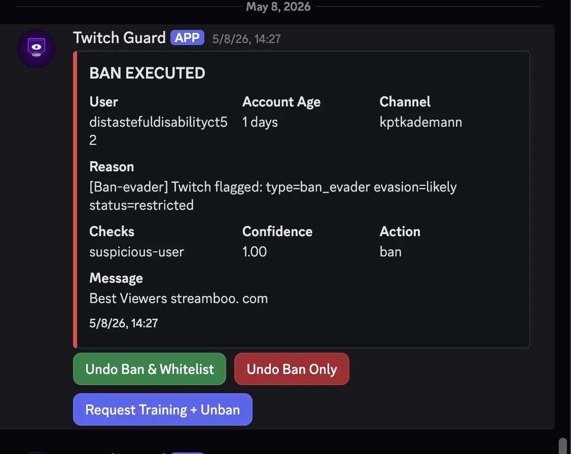 Discord embed: TwitchGuard auto-banned a promo-spammer pushing a streamboo-style payload.