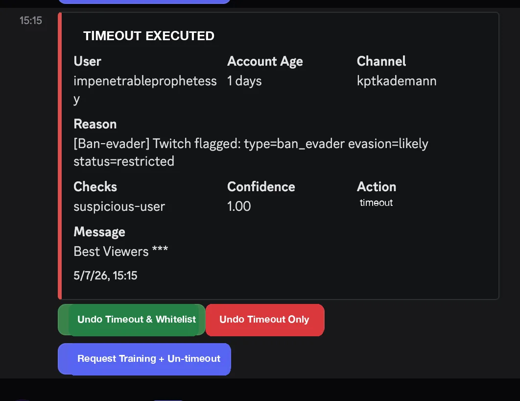 Discord embed: TwitchGuard timed out a user with three undo-timeout action buttons.