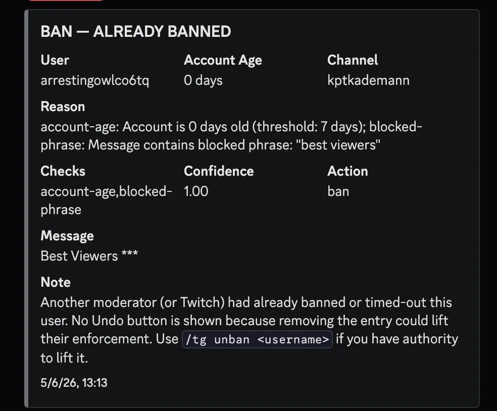 Discord embed: BAN ALREADY BANNED edge case with no Undo button visible.